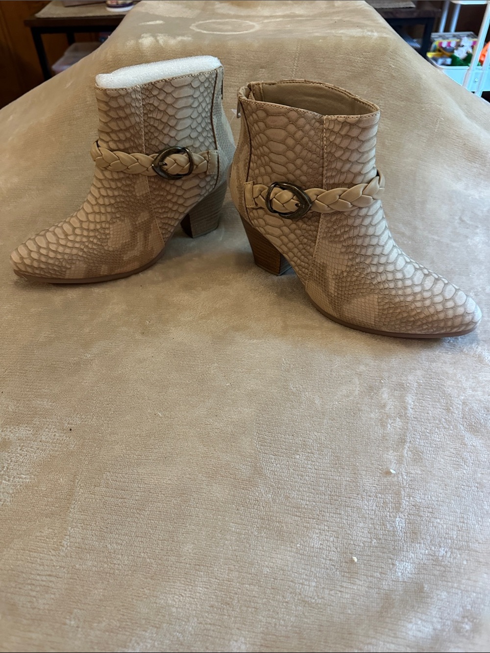 BareTraps Beige Snake-Embossed Ankle Booties with Braided Strap